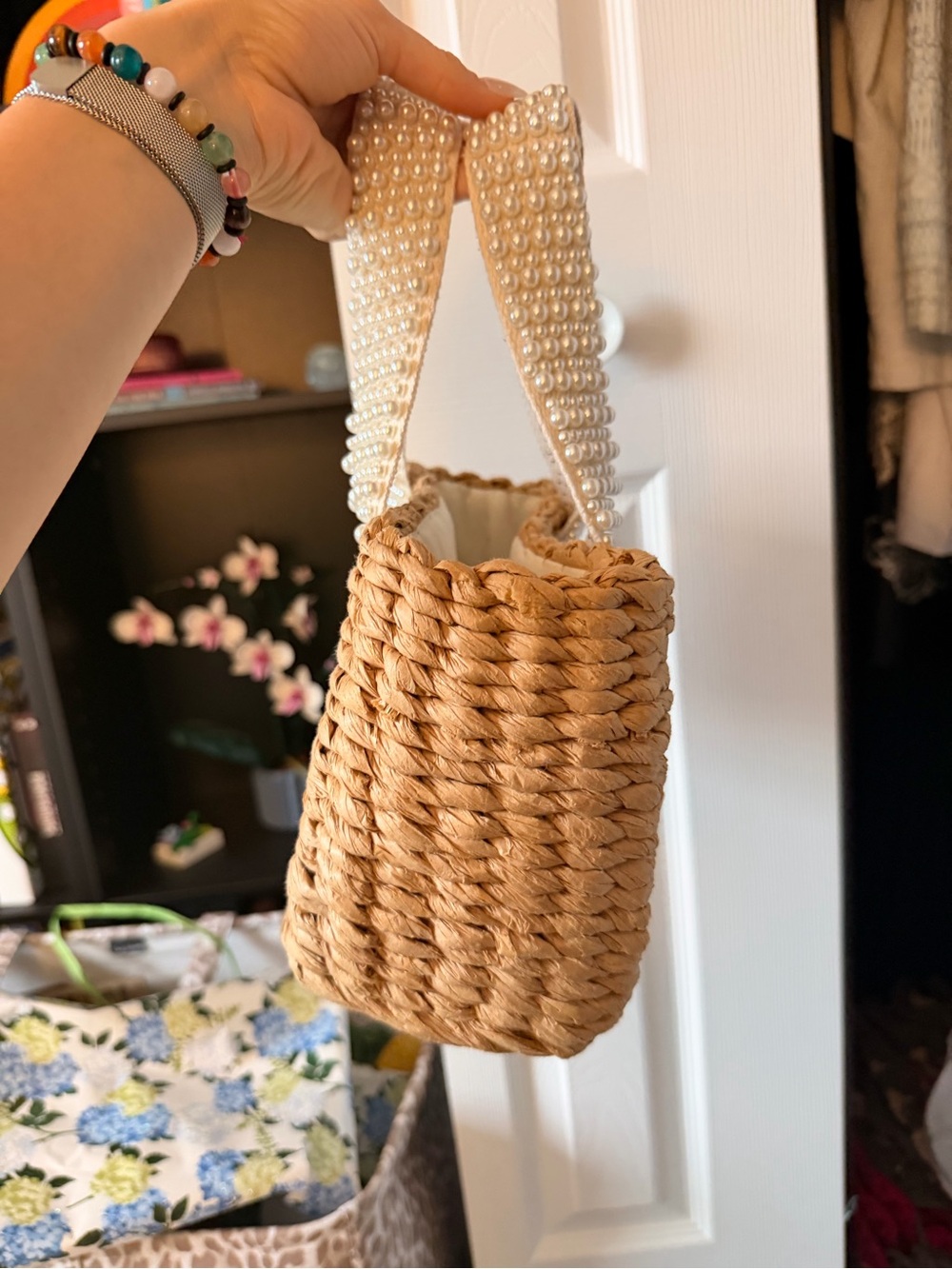 Pearl-Accent Woven Straw Tote Bag - Natural - Picture 4 of 8